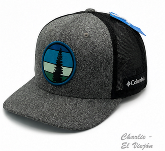 Gorra Columbia Trucker Gris Jaspeada con Parche Árbol Outdoor