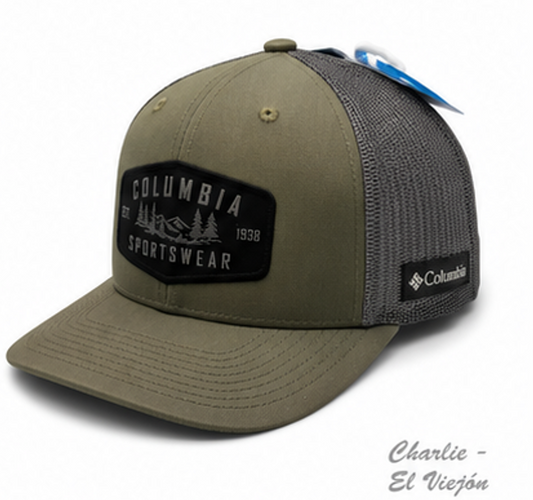 Gorra Columbia Trucker Verde Olivo con Parche Sportswear Negro