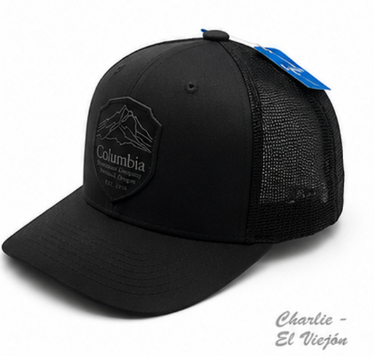Gorra Columbia Trucker Negra con Parche Montaña Tonal
