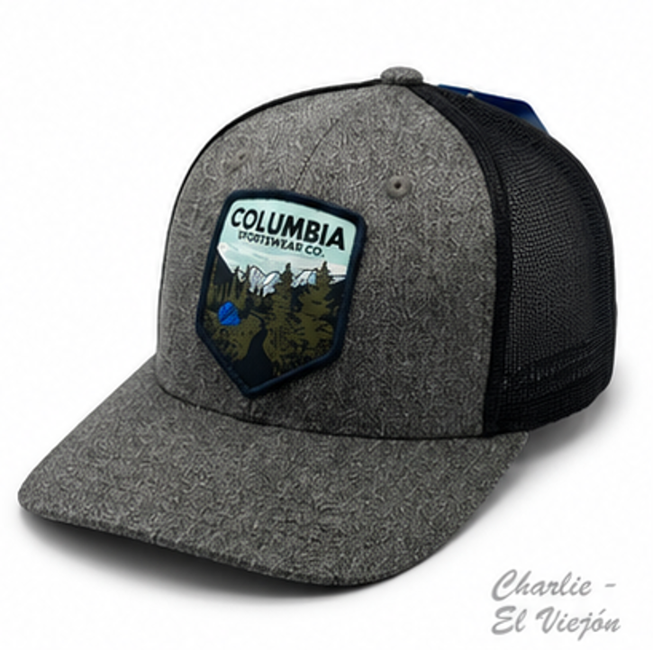 Gorra Columbia Trucker Gris Jaspeada con Parche Outdoor