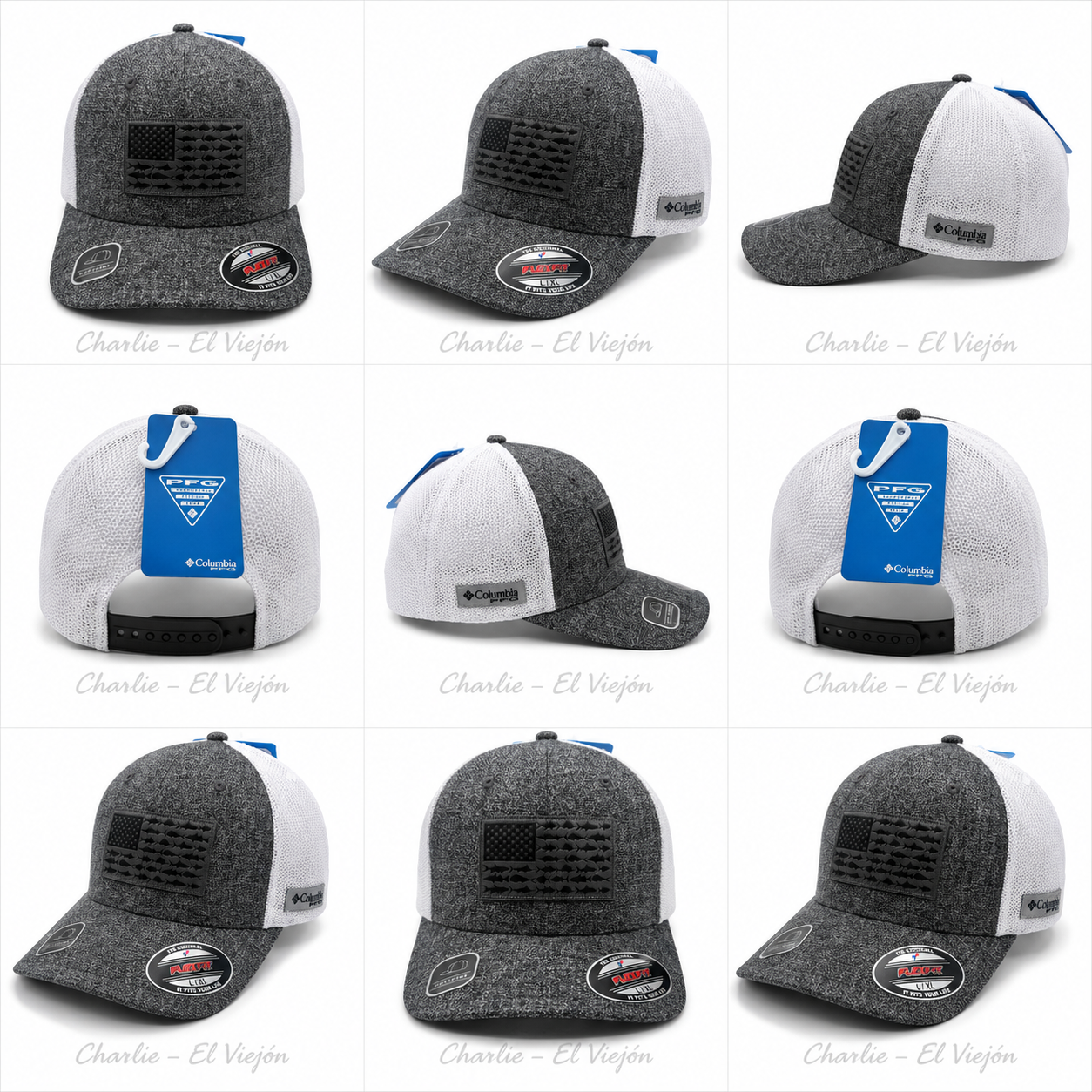Gorra Columbia PFG Flexfit Bandera de Peces Gris Jaspeado