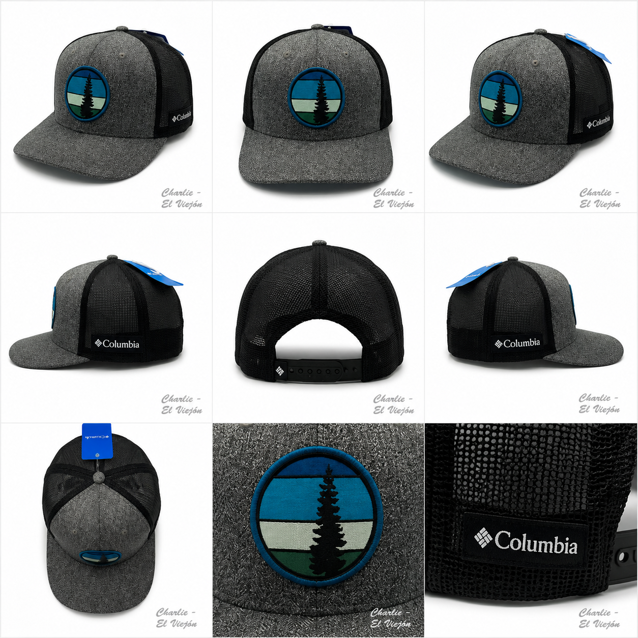 Gorra Columbia Trucker Gris Jaspeada con Parche Árbol Outdoor